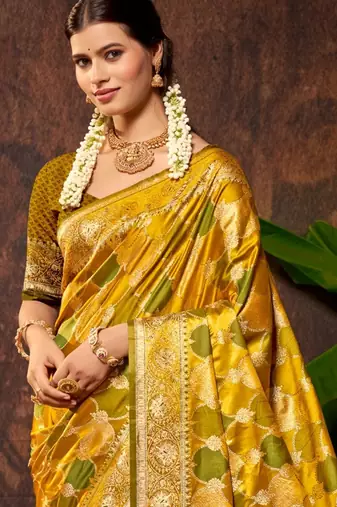 smart and ethnic mustard yellow color silk blend fabric woven designer ethnic rich looks saree