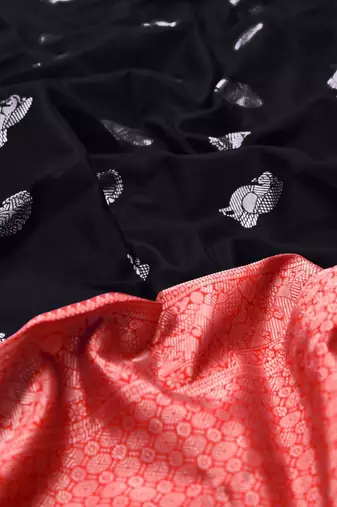 Black red silk blend jacuard work festival saree with unstitched blouse piece