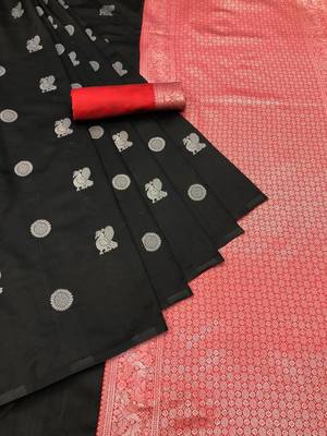 Black red silk blend jacuard work festival saree with unstitched blouse piece 3