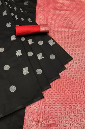 Black red silk blend jacuard work festival saree with unstitched blouse piece