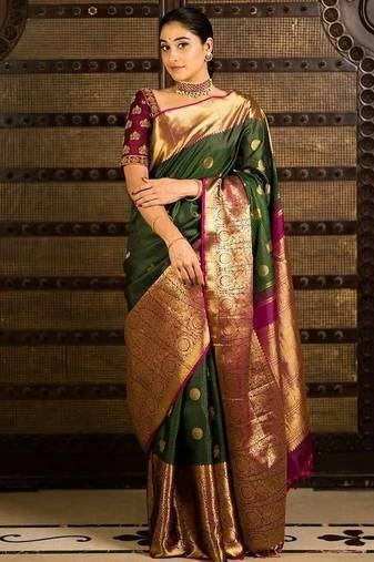 Green pink silk blend jacuard work festival saree with unstitched blouse piece