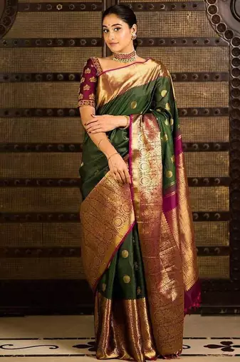 Green pink silk blend jacuard work festival saree with unstitched blouse piece