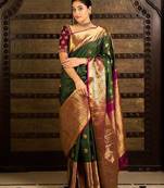 Green pink silk blend jacuard work festival saree with unstitched blouse piece