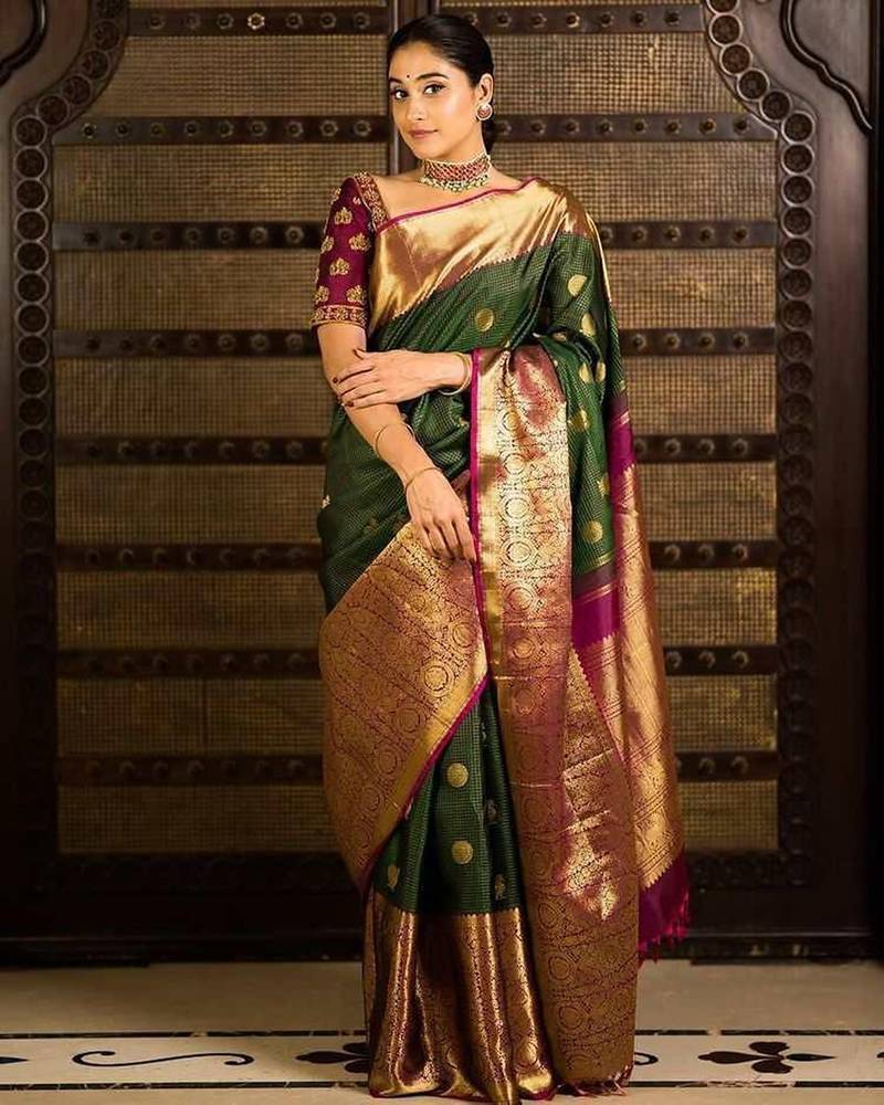 Green pink silk blend jacuard work festival saree with unstitched blouse piece