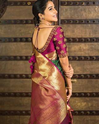 Green pink silk blend jacuard work festival saree with unstitched blouse piece 2