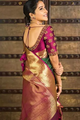 Green pink silk blend jacuard work festival saree with unstitched blouse piece