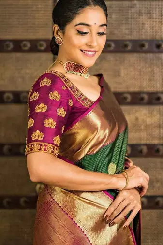 Green pink silk blend jacuard work festival saree with unstitched blouse piece
