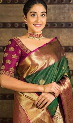 Green pink silk blend jacuard work festival saree with unstitched blouse piece 5
