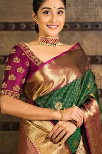 Green pink silk blend jacuard work festival saree with unstitched blouse piece