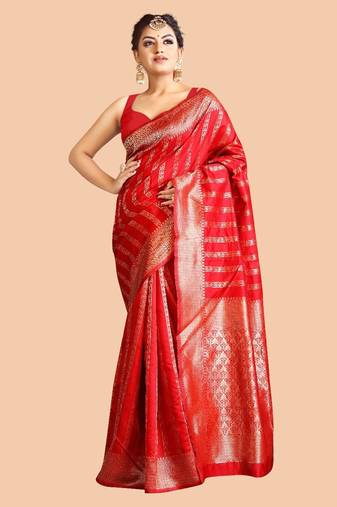 Red silk blend jacuard work festival saree with unstitched blouse piece