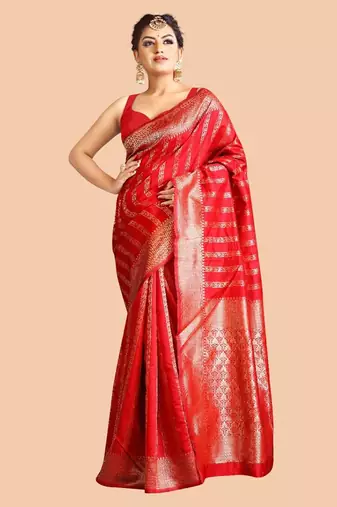Red silk blend jacuard work festival saree with unstitched blouse piece