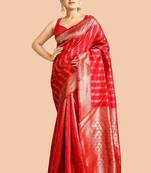 Red silk blend jacuard work festival saree with unstitched blouse piece