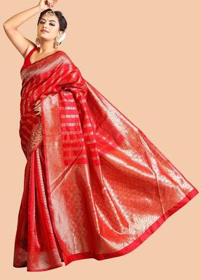 Red silk blend jacuard work festival saree with unstitched blouse piece 2