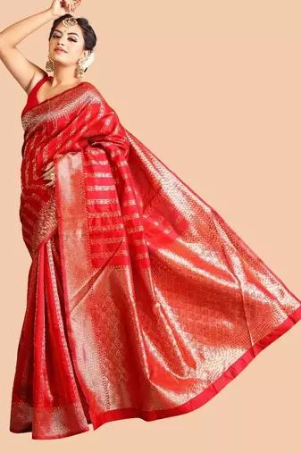 Red silk blend jacuard work festival saree with unstitched blouse piece