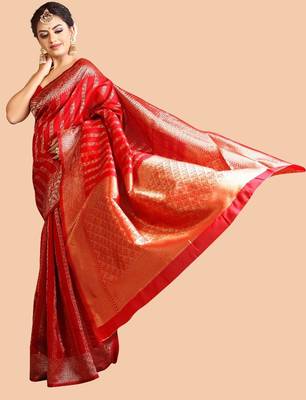 Red silk blend jacuard work festival saree with unstitched blouse piece 3