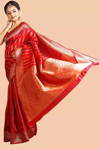 Red silk blend jacuard work festival saree with unstitched blouse piece
