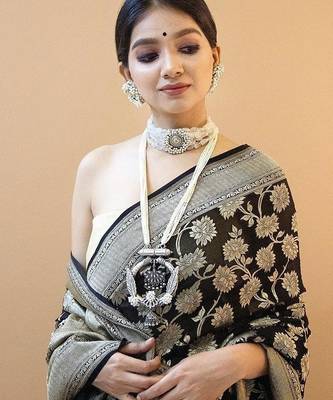 Grey black silk blend jacuard work festival saree with unstitched blouse piece 1