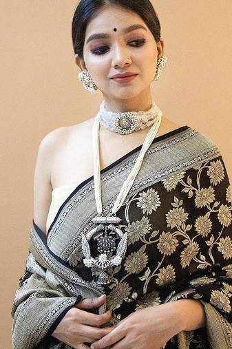 Grey black silk blend jacuard work festival saree with unstitched blouse piece