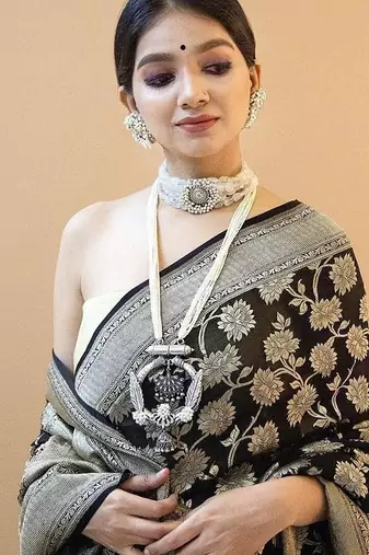 Grey black silk blend jacuard work festival saree with unstitched blouse piece