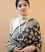 Grey black silk blend jacuard work festival saree with unstitched blouse piece