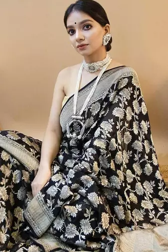 Grey black silk blend jacuard work festival saree with unstitched blouse piece