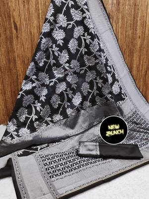 Grey black silk blend jacuard work festival saree with unstitched blouse piece 3