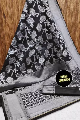 Grey black silk blend jacuard work festival saree with unstitched blouse piece
