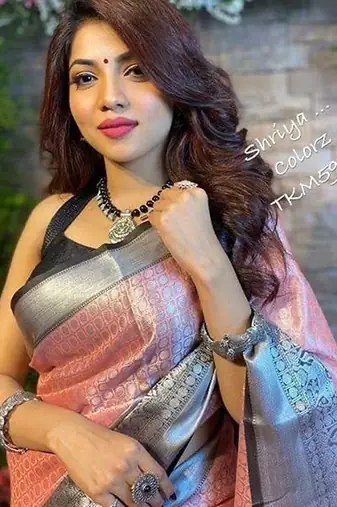 Baby pink black silk blend jacuard work festival saree with unstitched blouse piece