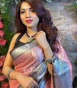 Baby pink black silk blend jacuard work festival saree with unstitched blouse piece