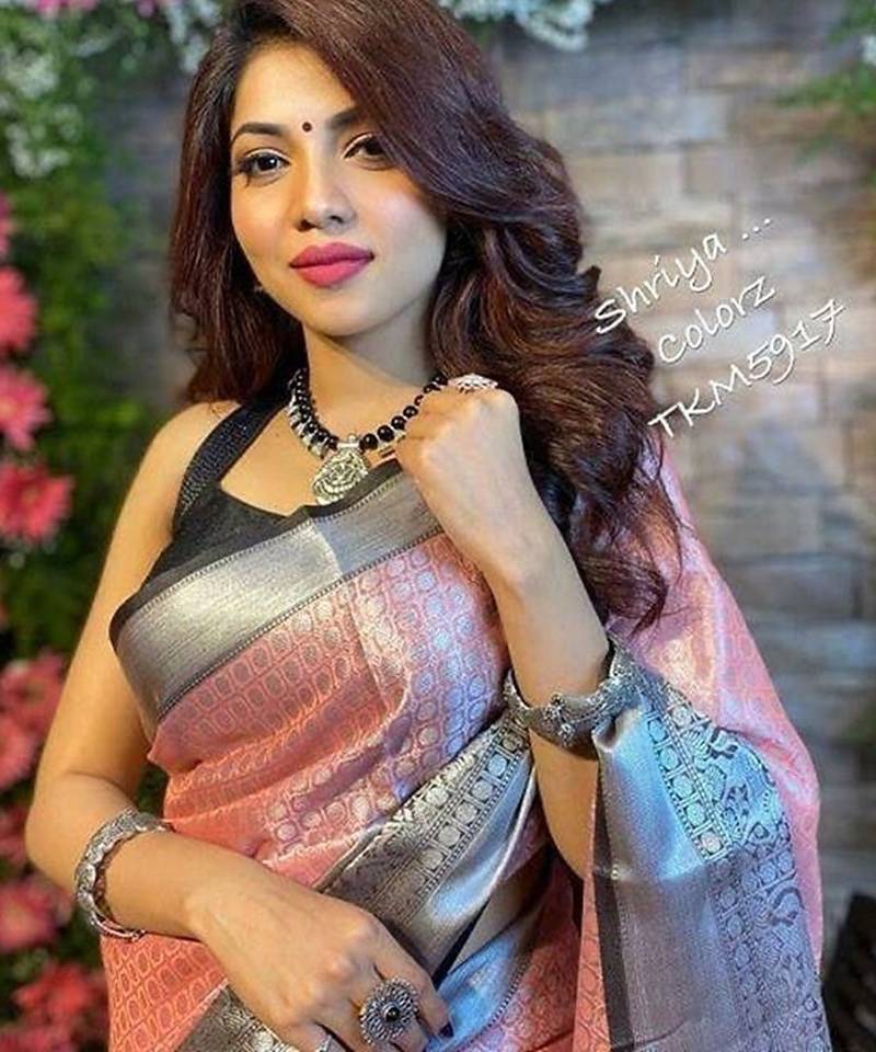 Baby pink black silk blend jacuard work festival saree with unstitched blouse piece