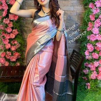 Baby pink black silk blend jacuard work festival saree with unstitched blouse piece 2