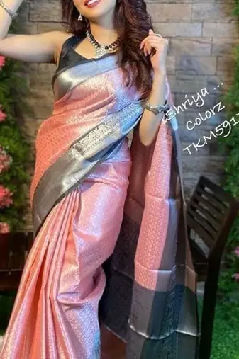 Baby pink black silk blend jacuard work festival saree with unstitched blouse piece