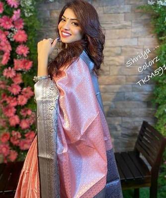 Baby pink black silk blend jacuard work festival saree with unstitched blouse piece 3