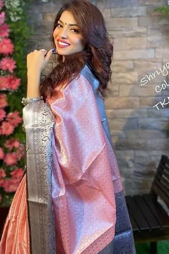 Baby pink black silk blend jacuard work festival saree with unstitched blouse piece