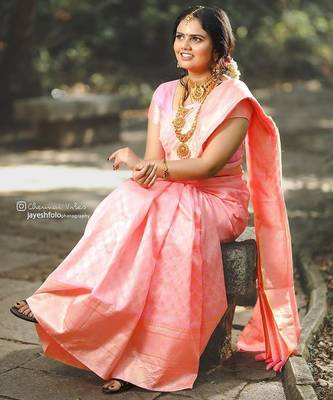 Baby pink black silk blend jacuard work festival saree with unstitched blouse piece 2
