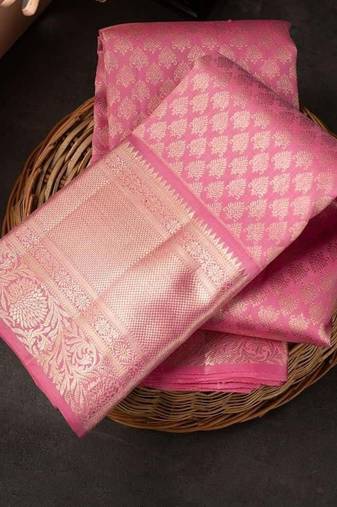 Baby pink black silk blend jacuard work festival saree with unstitched blouse piece