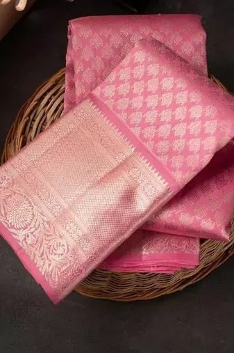 Baby pink black silk blend jacuard work festival saree with unstitched blouse piece