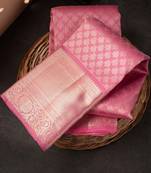 Baby pink black silk blend jacuard work festival saree with unstitched blouse piece
