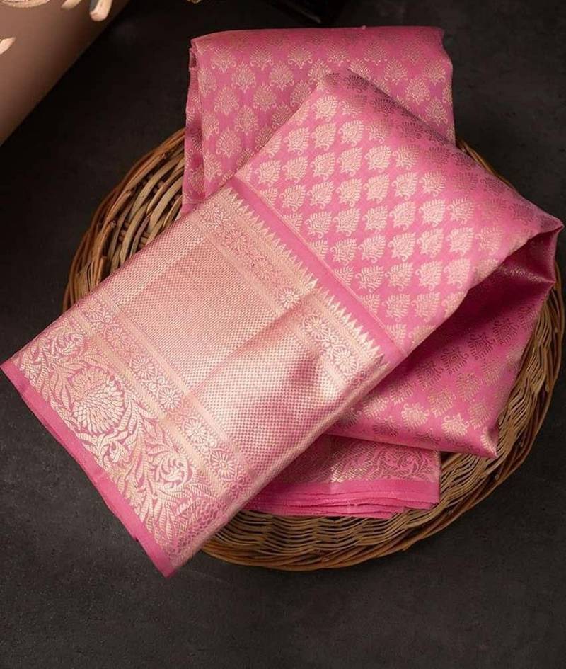 Baby pink black silk blend jacuard work festival saree with unstitched blouse piece