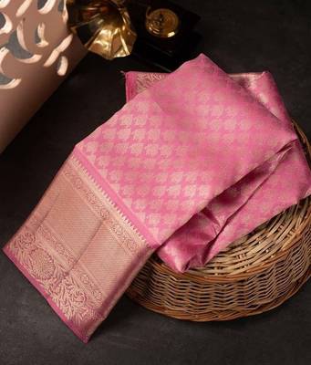Baby pink black silk blend jacuard work festival saree with unstitched blouse piece 2