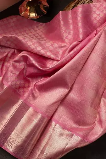 Baby pink black silk blend jacuard work festival saree with unstitched blouse piece