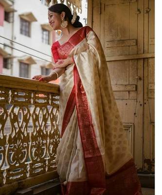Off white red silk blend jacuard work festival saree with unstitched blouse piece 3