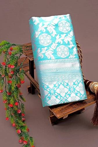 Sky blue silk blend jacuard work festival saree with unstitched blouse piece