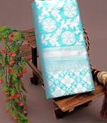 Sky blue silk blend jacuard work festival saree with unstitched blouse piece