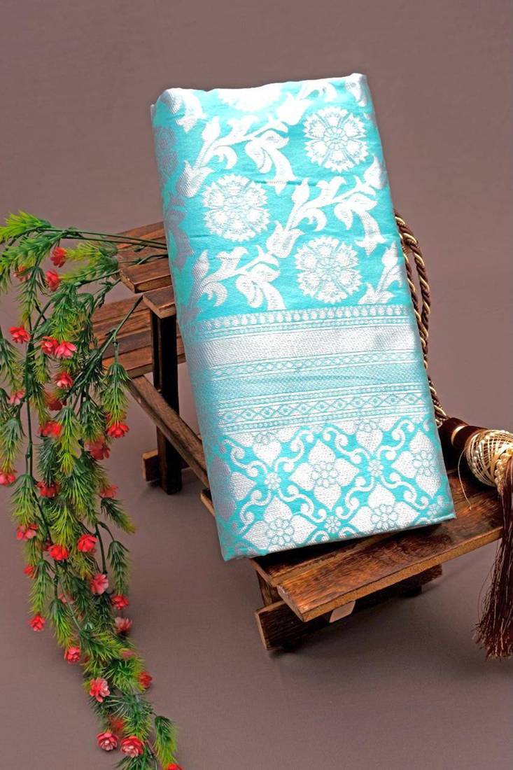 Sky blue silk blend jacuard work festival saree with unstitched blouse piece