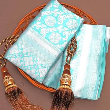 Sky blue silk blend jacuard work festival saree with unstitched blouse piece 2