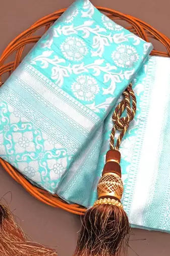 Sky blue silk blend jacuard work festival saree with unstitched blouse piece