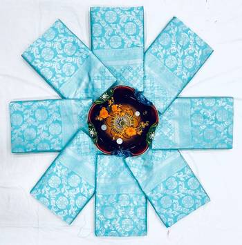 Sky blue silk blend jacuard work festival saree with unstitched blouse piece 3