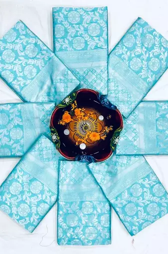 Sky blue silk blend jacuard work festival saree with unstitched blouse piece