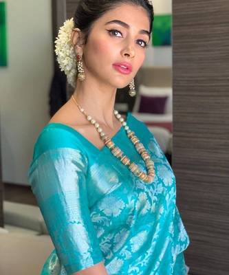 Sky blue silk blend jacuard work festival saree with unstitched blouse piece 2